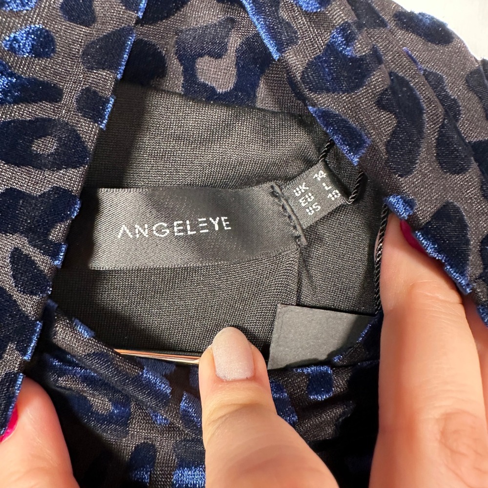 Leopard Velvet Tight Bodycon Dress Angeleye Narcissus Navy Mock Neck Ruched 10 - Picture 3 of 8